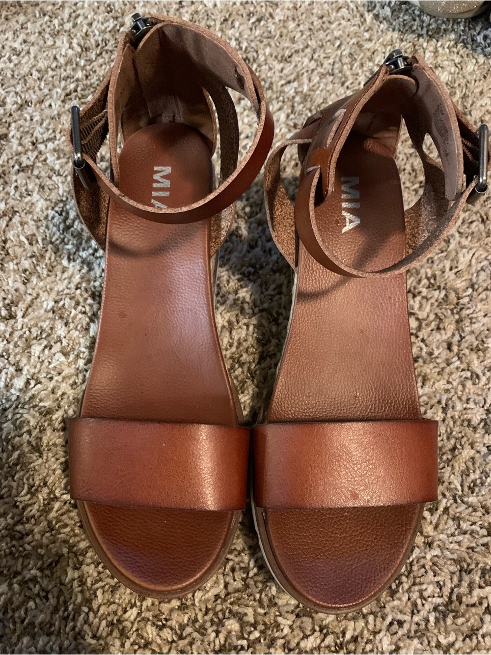 MIA Cognac Tan Leather Ankle-Strap Sandals